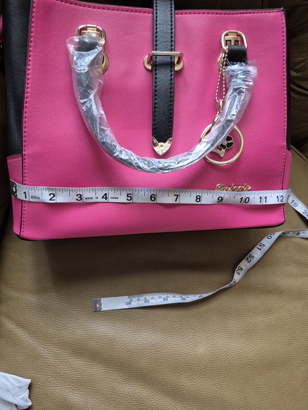 Pink and Black Structured Satchel with Gold Accents - Picture 8 of 9